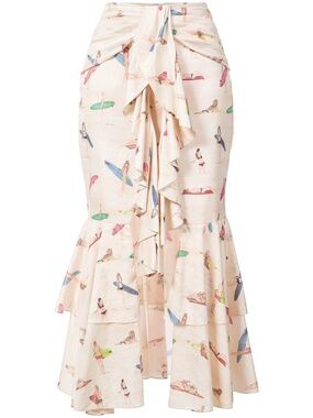 PatBO Cream Printed Ruffle-Front Midi Skirt with Surfer Girl